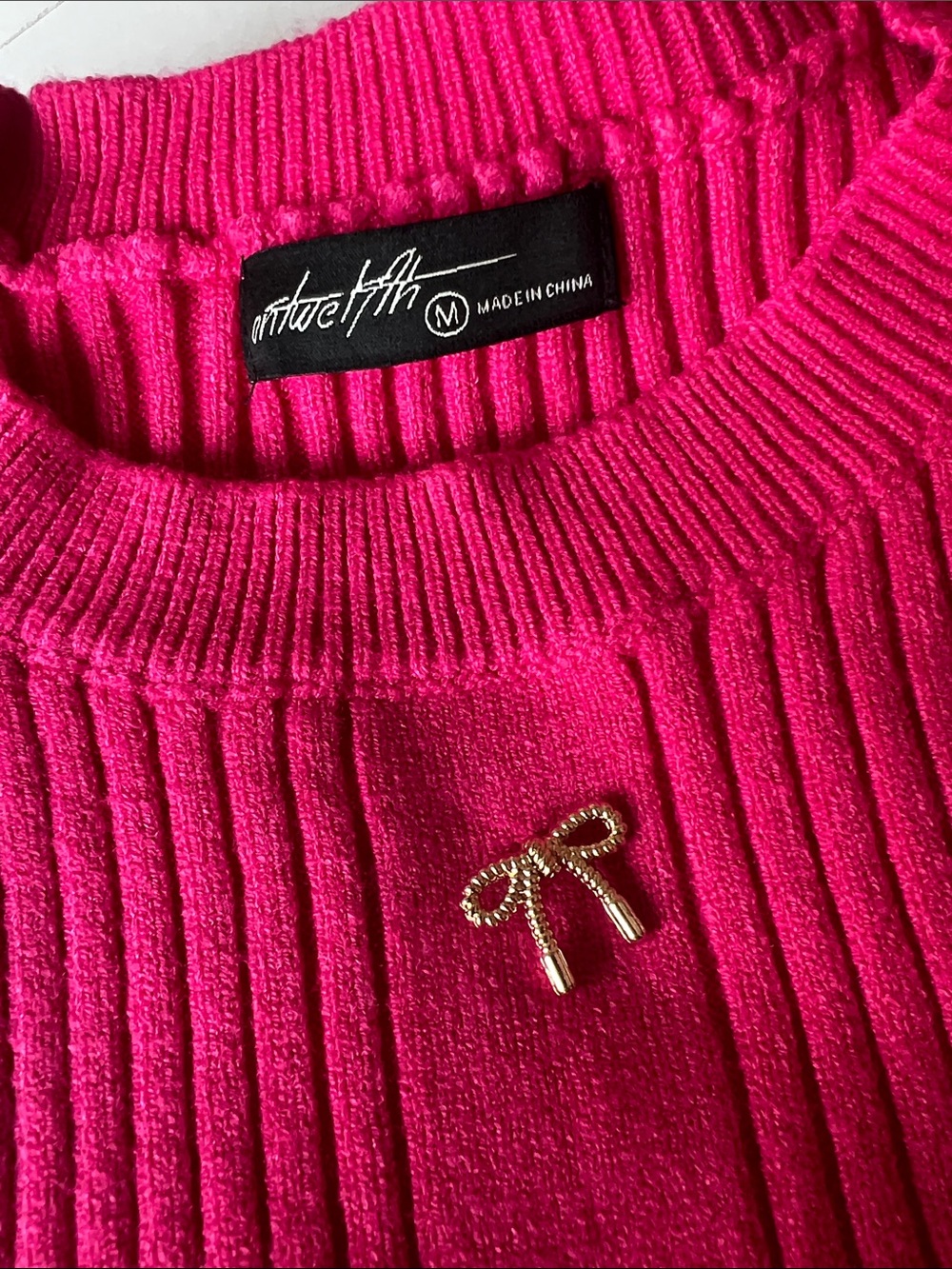 Hot Pink Ribbed Crewneck Sweater with Gold Bow Accent